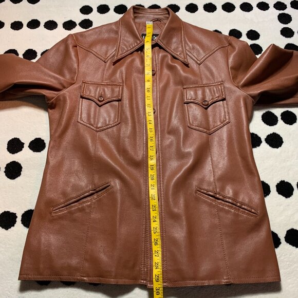Vintage 70s Camel Faux Leather Shirt Jacket Retro Disco Collar Coat Shacket - Picture 12 of 13